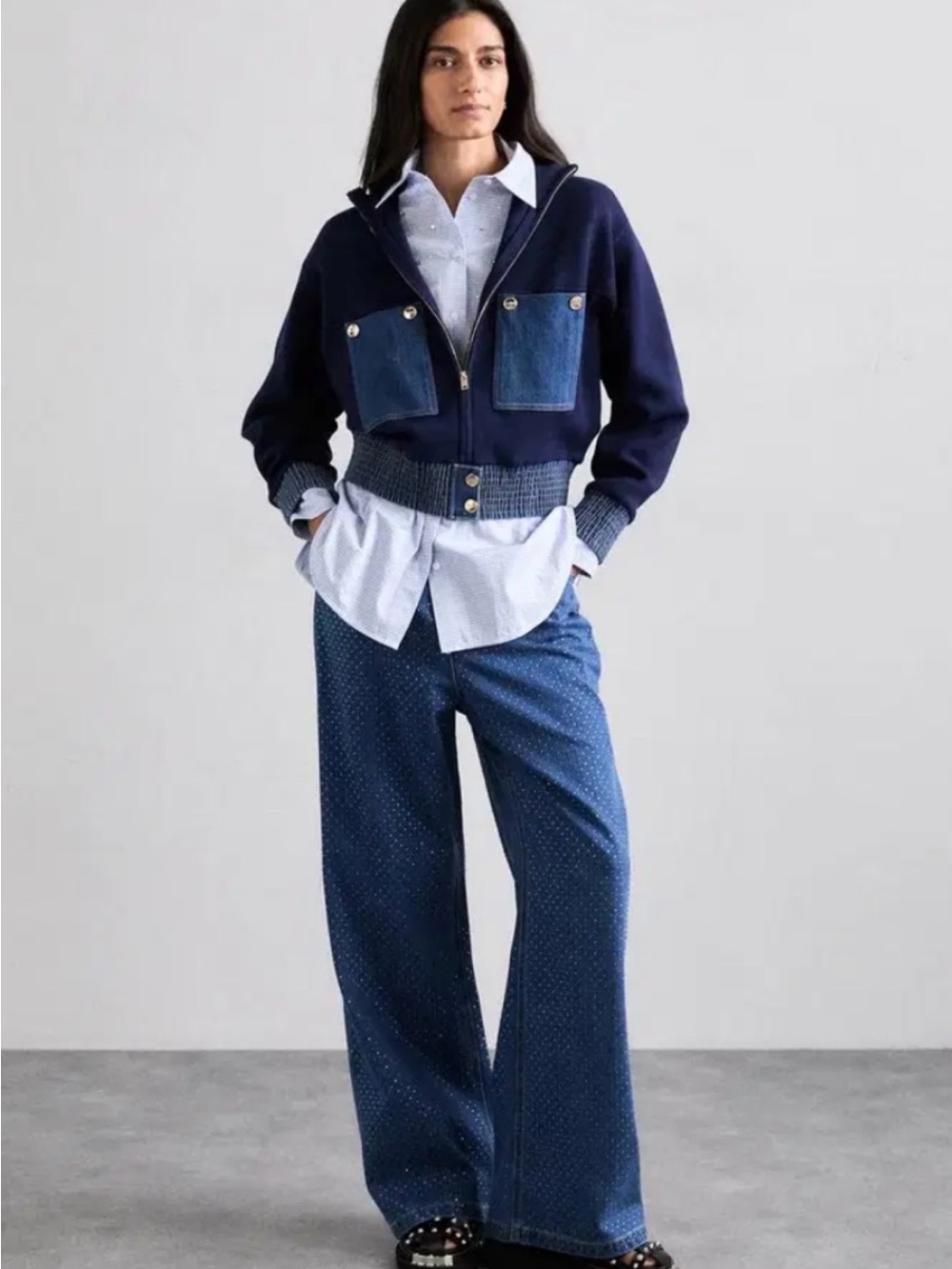 Sandro Denim Navy Blue Bomber Jacket- Classic Indigo